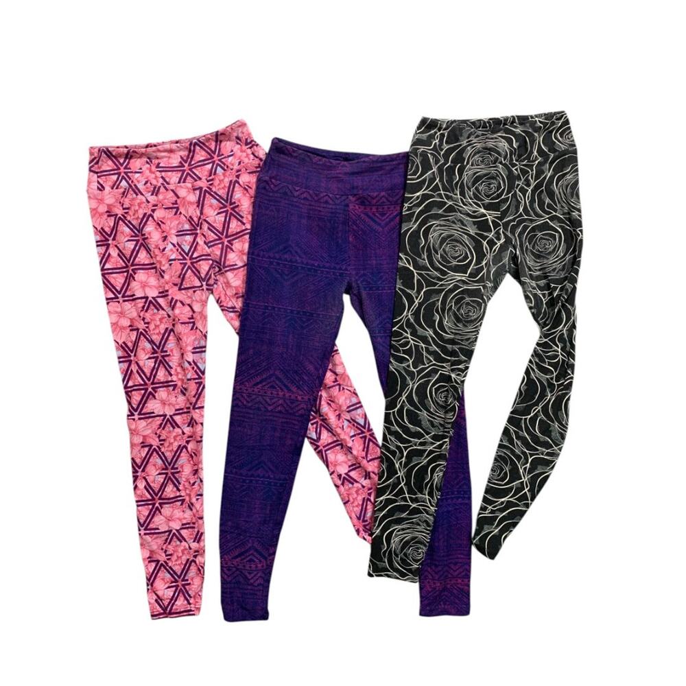 One Size LulaRoe Womens Leggings 3 Pair Assorted Purple Black Floral